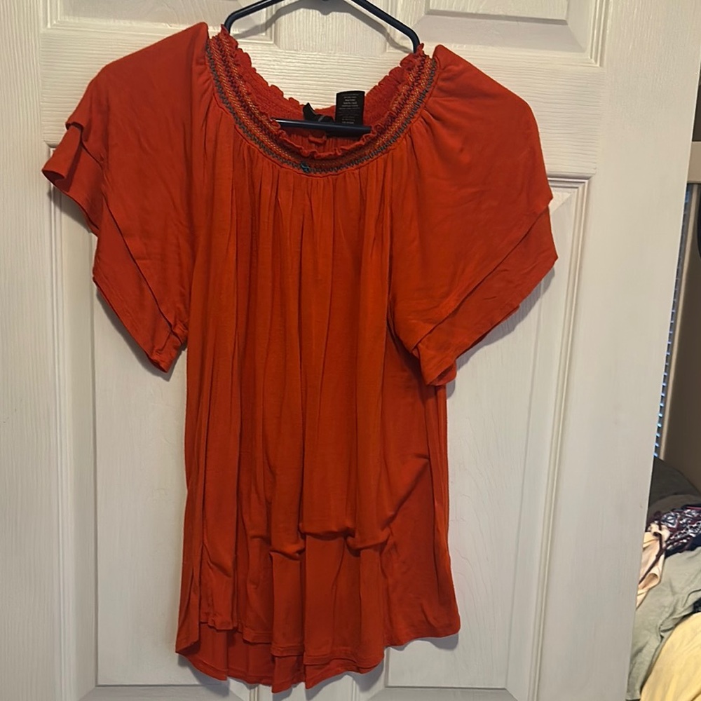 New Directions Orange Flutter Sleeve Blouse with Ruffled Relaxed Style